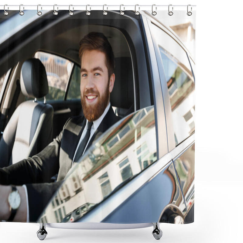 Personality  Side View Of Smiling Business Man Driving Car Shower Curtains