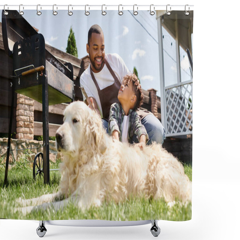 Personality  Happy African American Man In Apron Holding Cooking Tongs And Looking At Family Dog Near Son Shower Curtains