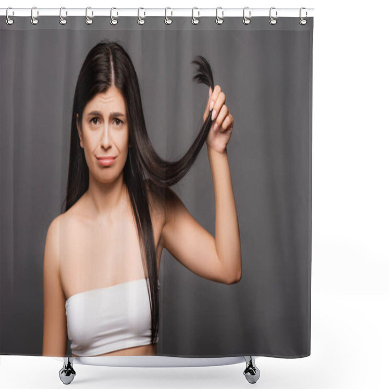 Personality  Upset Brunette Long Haired Woman Showing Split Ends Isolated On Black Shower Curtains