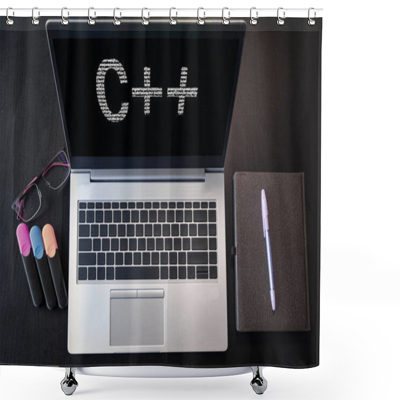 Personality  Laptop With C++ Text. Top View. C Plus Plus Inscription On Laptop Screen. Shower Curtains