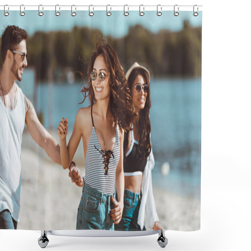 Personality  Friends Walking At Beach  Shower Curtains