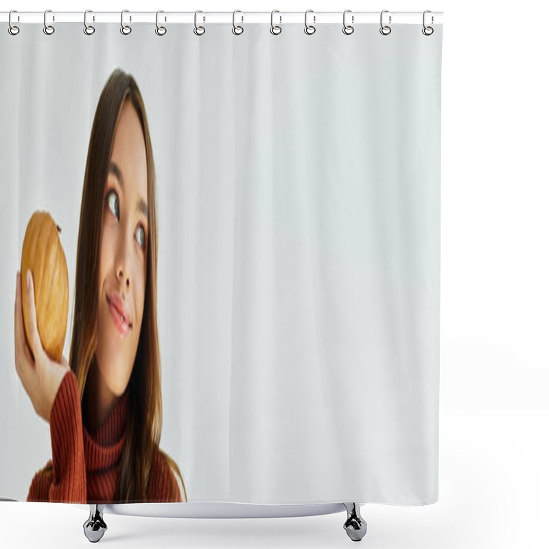 Personality  A Cheerful Young Woman In A Halloween Costume Poses Playfully With A Small Pumpkin. Shower Curtains