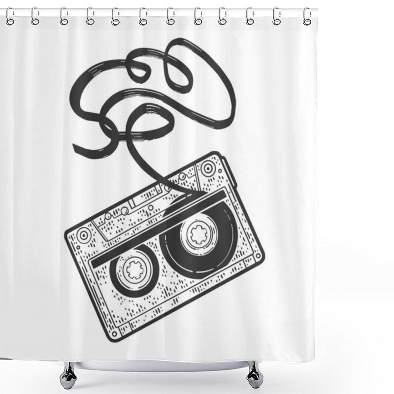 Personality  Cassette Tape With Tangled Torn Tape Sketch Engraving Vector Illustration. T-shirt Apparel Print Design. Scratch Board Imitation. Black And White Hand Drawn Image. Shower Curtains