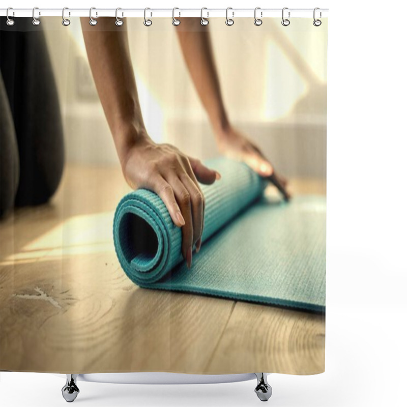 Personality  Woman Rolling Up A Yoga Mat Shower Curtains