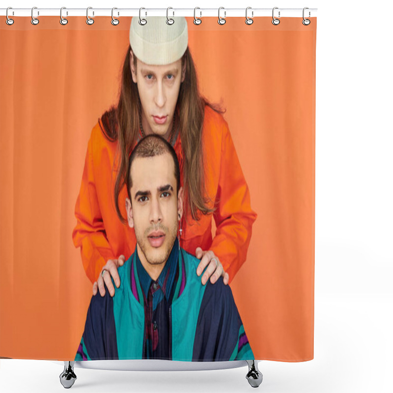 Personality  A Man Posing Abovi His Boyfriends Head In A Creative And Imaginative Portrayal Of Love And Connection. Shower Curtains