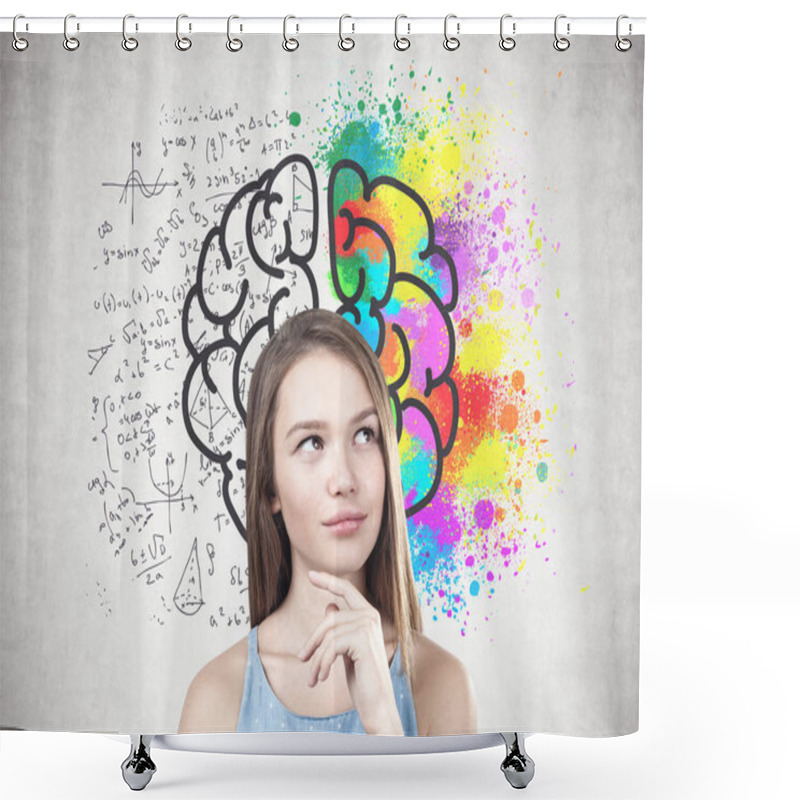 Personality  Portrait Of A Young Woman With Long Fair Hair Wearing A Blue Dress And Thinking. A Concrete Wall With A Colorful Brain Sketch Shower Curtains