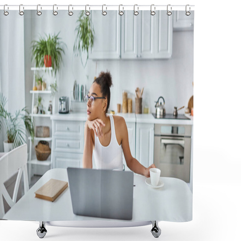 Personality  Pensive African American Woman In Glasses Sitting At Desk With Laptop And Cup Of Coffee, Remote Work Shower Curtains