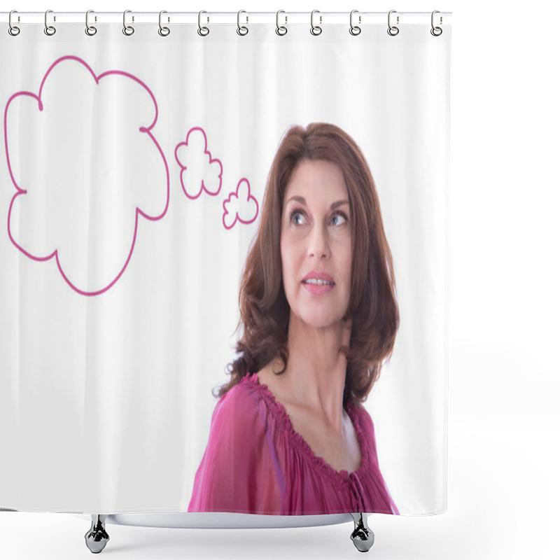 Personality  Satisfied Older Woman With Speech Balloon Isolated On White. Shower Curtains