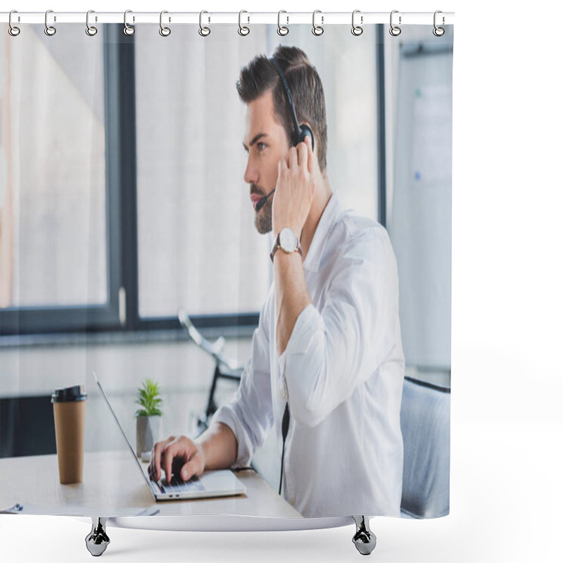 Personality  Side View Of Young Call Center Operator In Headset Using Laptop And Looking Away In Office Shower Curtains