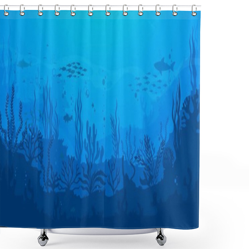 Personality  Cartoon Underwater Sea Landscape Silhouette With Fish Shoal And Shark In Seaweeds, Vector Background. Undersea Or Ocean Coral Reef Silhouette Landscape With Dolphin In Deep Water Of Sea Bottom Shower Curtains