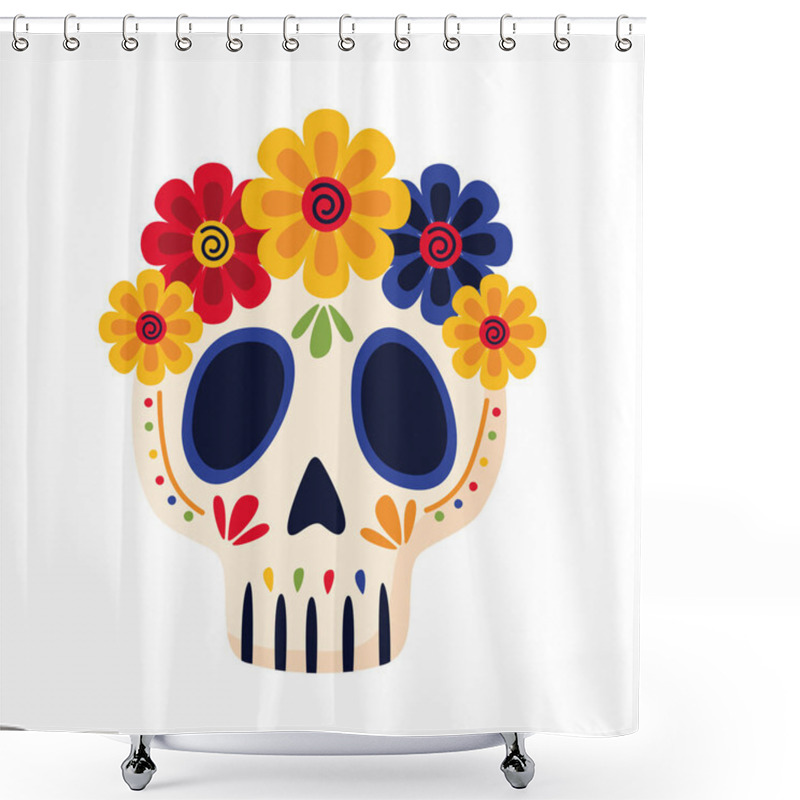 Personality  Traditional Mexican Skull Head With Flowers Flat Style Icon Shower Curtains