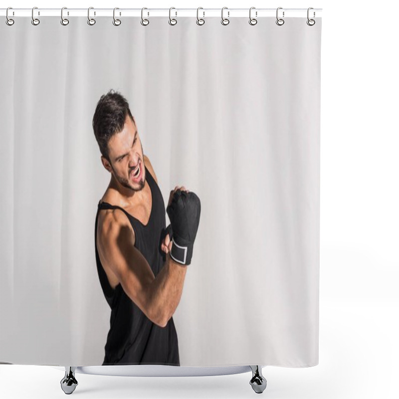 Personality  Agressive Screaming Fighter Making Hit Isolated On Grey Shower Curtains