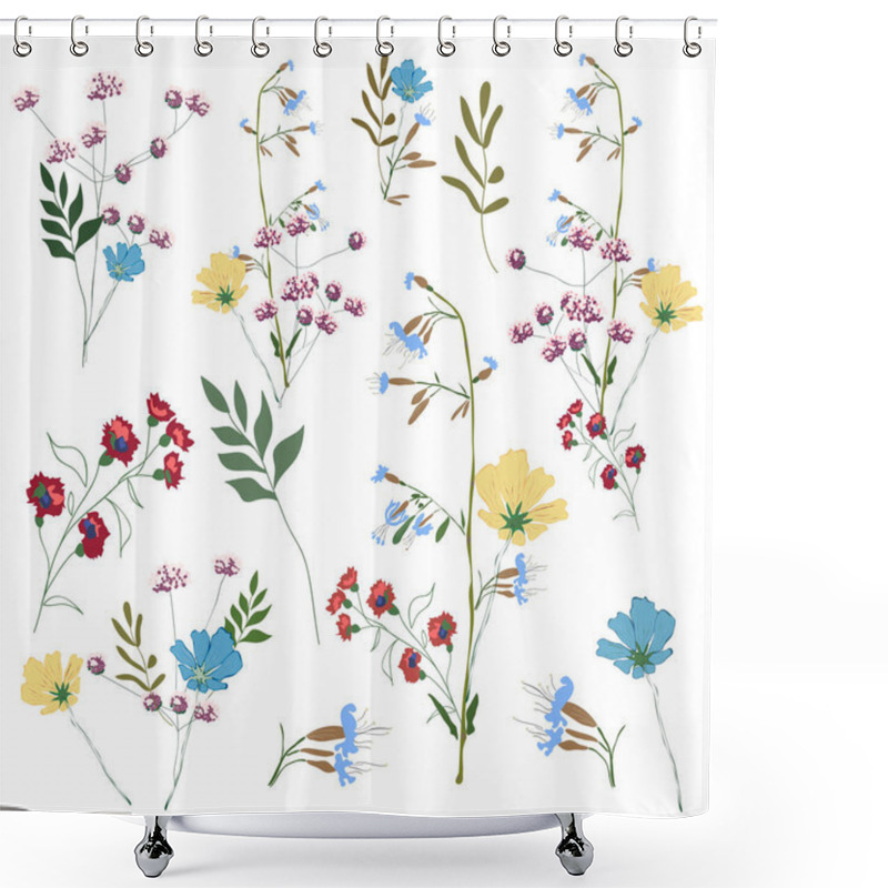 Personality  Hand Drawn Flower Collection. Big Set Botanic Branches, Leaves, Foliage, Herbs, Wild Plants In Bouquets Shower Curtains