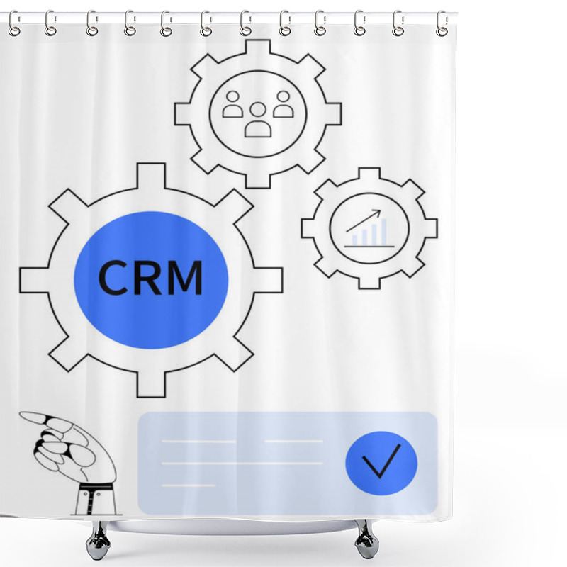 Personality  CRM In Center Gear Linked To User Group Icon And Graph Gear. Robotic Hand Points At Form With Checkmark. Ideal For Business Management, Automation, Customer Service, Efficiency, Organization, Data Shower Curtains