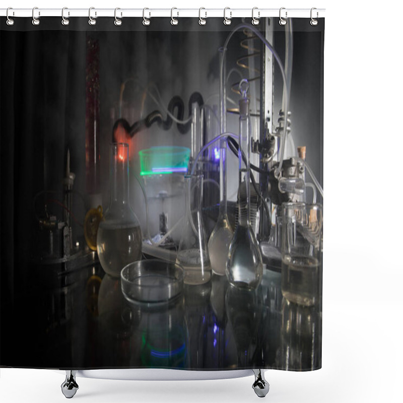 Personality  Pharmacy And Chemistry Theme. Test Glass Flask With Solution In Research Laboratory. Science And Medical Background. Laboratory Test Tubes On Dark Toned Background Shower Curtains