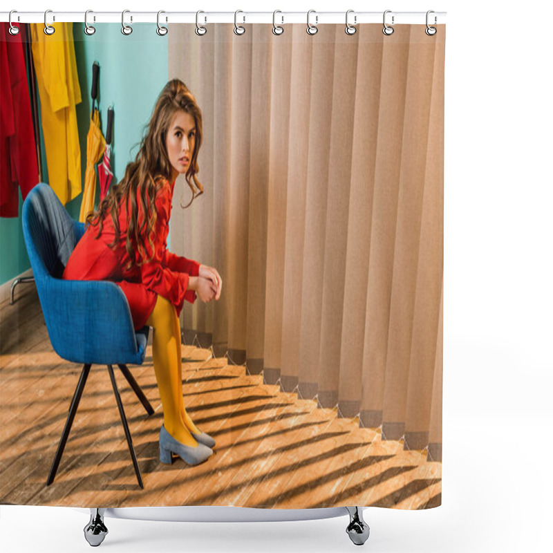 Personality  Side View Of Retro Styled Woman Sitting On Chair At Bright Apartment, Doll House Concept Shower Curtains