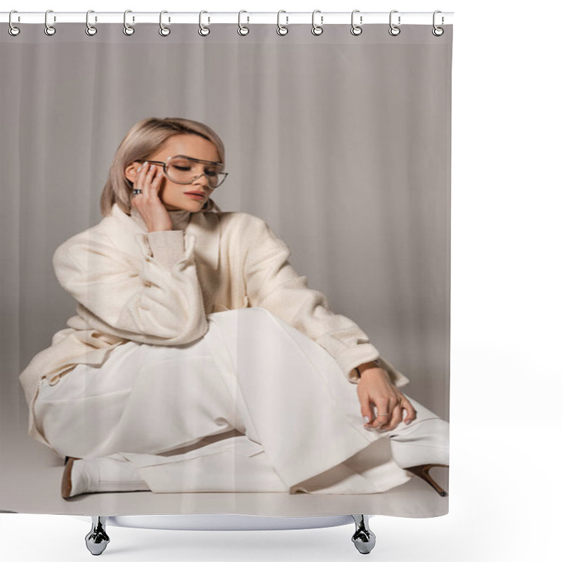 Personality  Attractive Woman In White Coat And Trousers Sitting On Grey Background  Shower Curtains