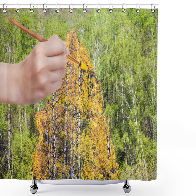 Personality  Brush Paints Yellow Autumn Birch In Green Grove Shower Curtains