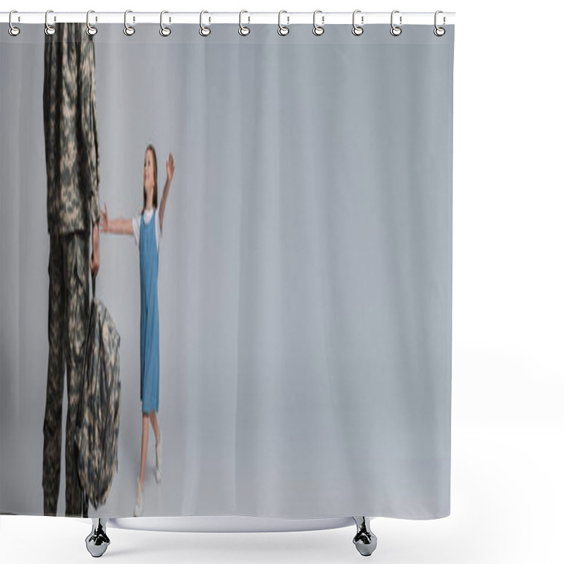 Personality  Happy Girl Welcoming Father In Military Uniform With Backpack During Homecoming On Grey Background, Banner  Shower Curtains