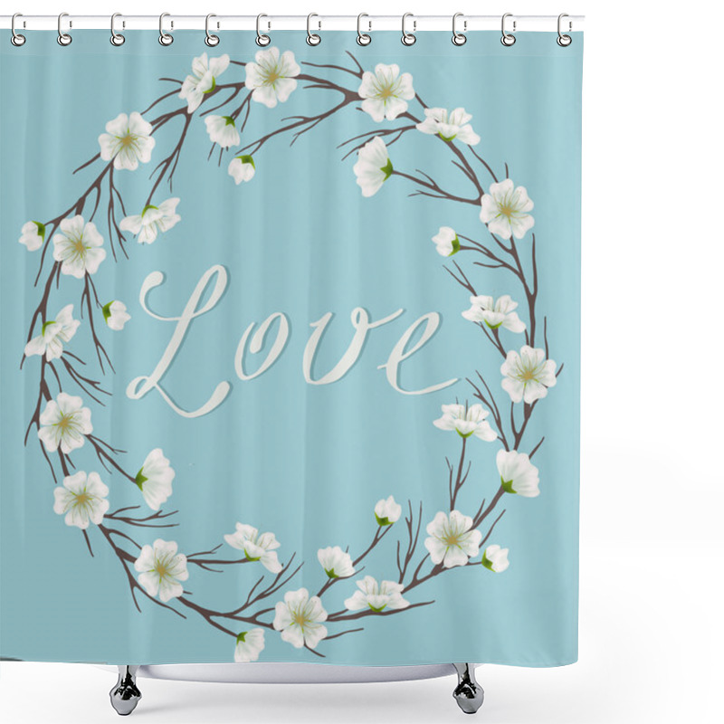 Personality  Vector Apple Blossom Branch Frame In Sky Blue Background. Floral Frame For Greeting, Wedding, Invitation Cards, Postcards. Lovely, Tender Spring Or Summer Design Shower Curtains