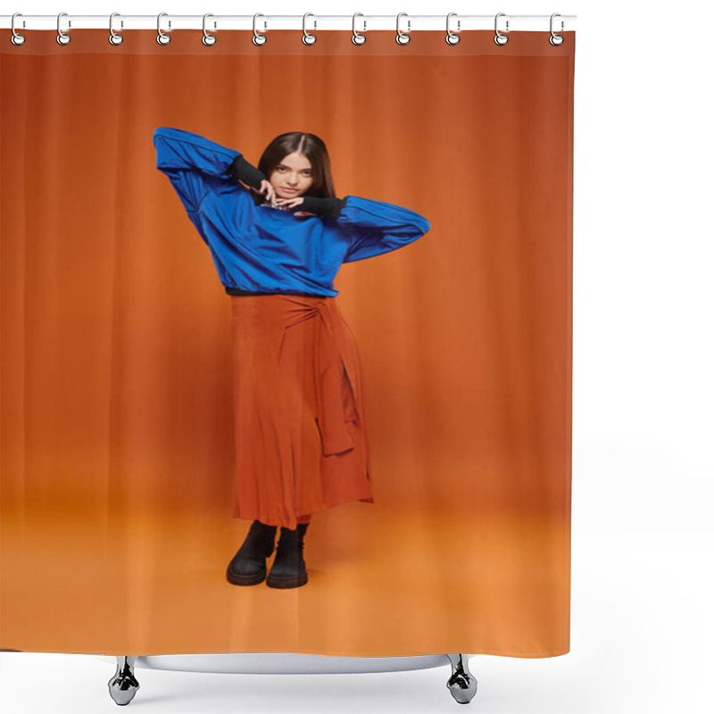 Personality  Autumn Fashion, Attractive Woman In Skirt, Blue Sweatshirt And Boots Standing On Orange Backdrop Shower Curtains