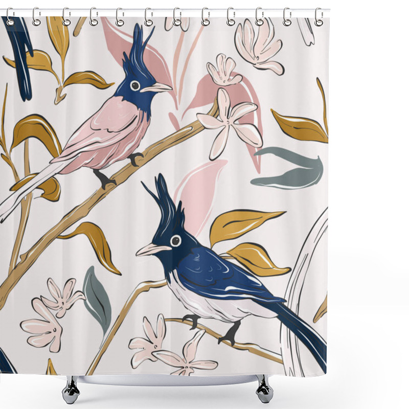 Personality  Botanical Print With Navy Parrot And Exotic Leaves. Tropical Birds Pardise  Pattern. Flowers And Leaves Foliage Texture. Hawaiian Background. Colorful Summer Art Shower Curtains