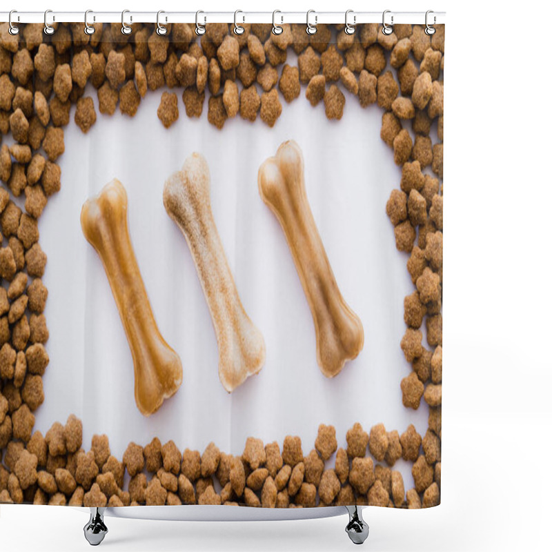 Personality  Flat Lay Of Bone Shaped Treats In Frame With Dry Pet Food Isolated On White Shower Curtains