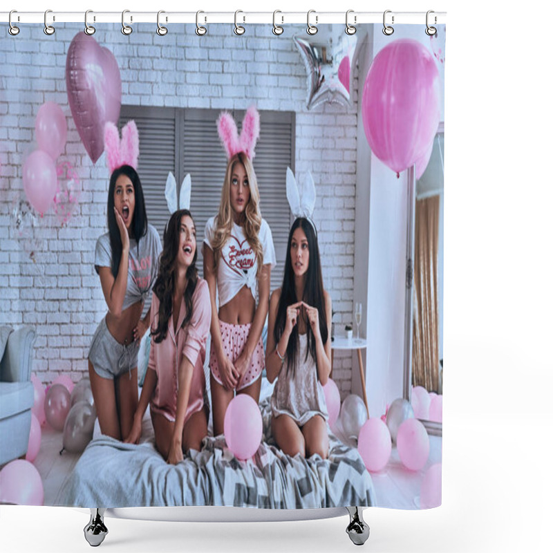 Personality  Four Playful Young Women In Bunny Ears Making Faces While Sitting On Bed Shower Curtains