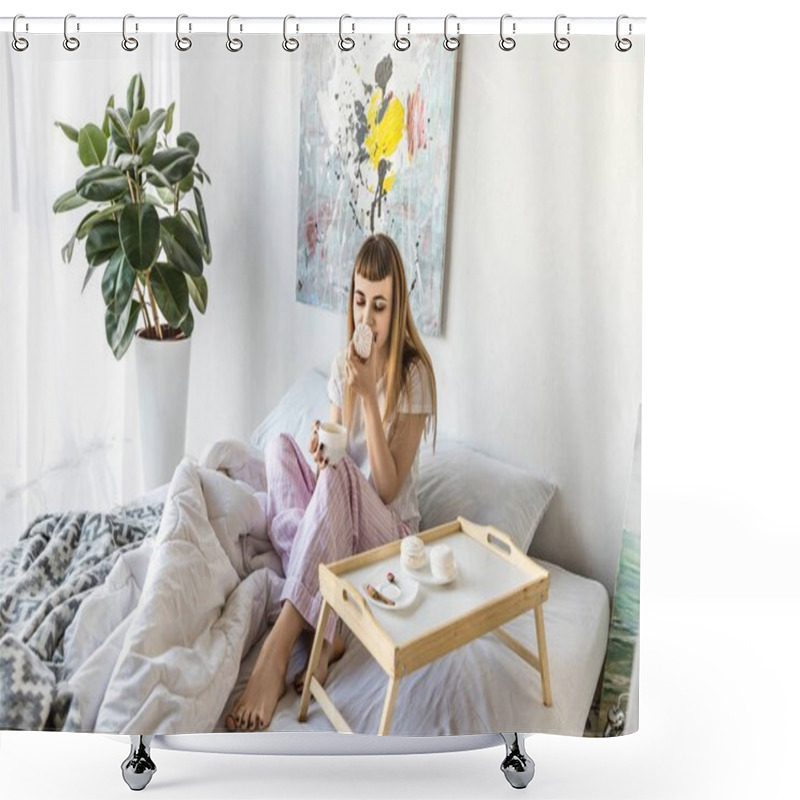 Personality  Young Woman With Cup Of Coffee And Zephyr In Morning At Home Shower Curtains