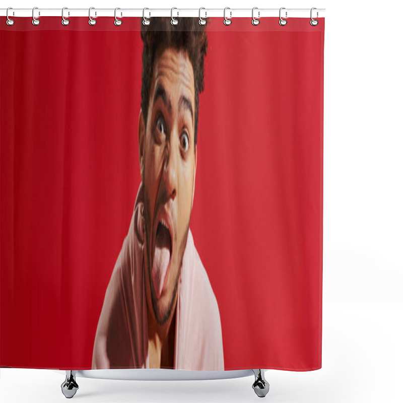 Personality  African American Man Pulling Pink Hoodie And Sticking Out Tongue While On Red Background, Banner Shower Curtains