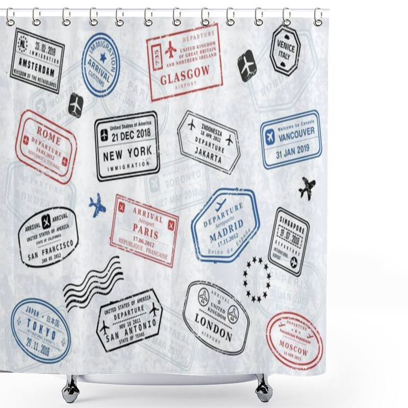 Personality  World Passport Stamp Collection. Vector Illustration Old Style Travel Passport Stamps. Novelty Stamps (not Official Versions). Shower Curtains