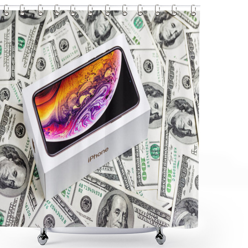 Personality  12th October,2018-Kiev,Ukraine: Latest Iphone XS In Unopened Box On US Dollar Banknotes Background.Apple Smartphone Branded Box Over Money Bills. Modern Gadget With Dual Camera And OLED Screen Sale. Shower Curtains