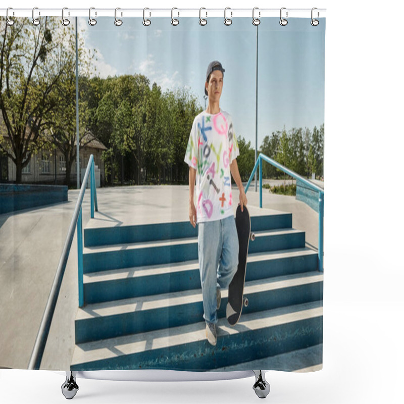 Personality  A Young Skater Boy Stands On Urban Steps Holding A Skateboard, Ready To Ride In A City Skate Park On A Sunny Summer Day. Shower Curtains