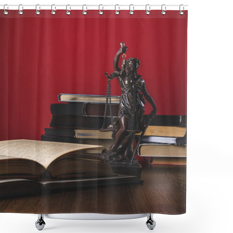 Personality  Opened Juridical Books With Lady Justice Statue On Wooden Table, Law Concept Shower Curtains