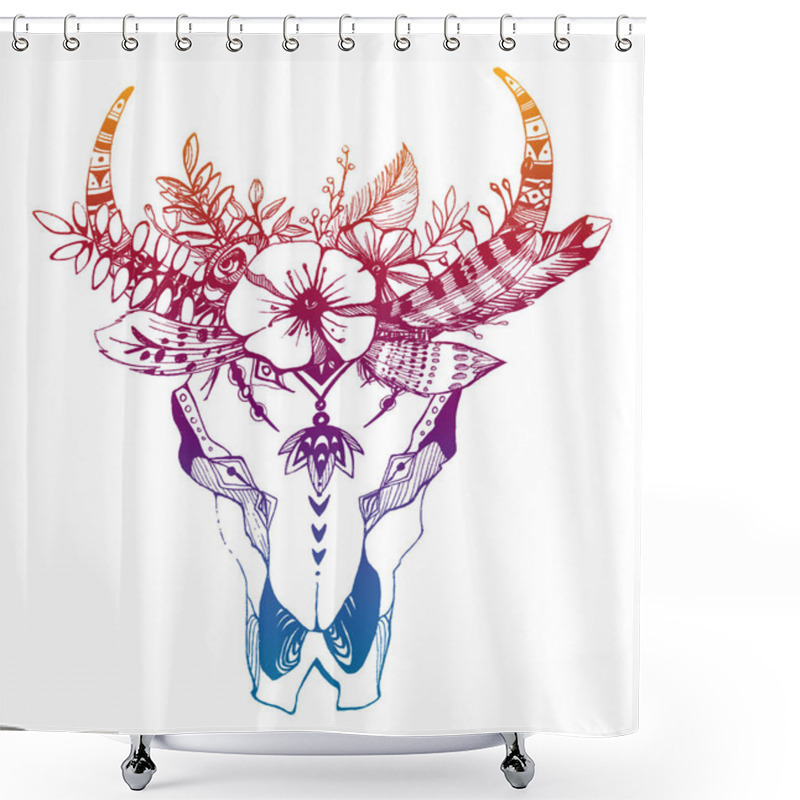 Personality  Cow, Buffalo, Bull Skull In Tribal Style With Flowers. Bohemian, Boho Vector Illustration. Wild And Free Ethnic Gypsy Symbol. Shower Curtains