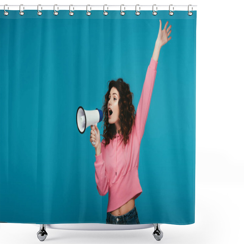 Personality  Attractive Curly Redhead Girl Screaming In Megaphone On Blue  Shower Curtains