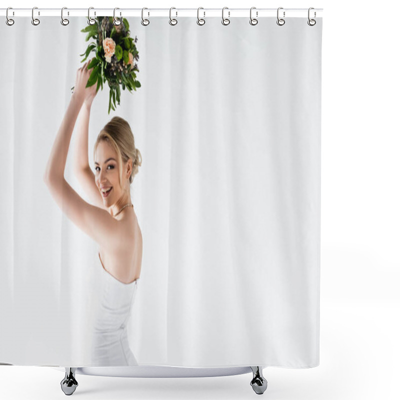 Personality  Young And Cheerful Bride In Elegant Wedding Dress Holding Flowers Above Head Isolated On White  Shower Curtains