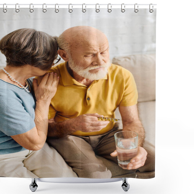 Personality  A Loving Wife Comforts Her Husband As They Navigate Diabetes Together At Home. Shower Curtains