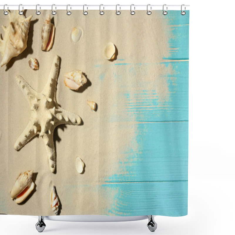 Personality  Flat Lay Composition With Seashells, Beach Sand And Space For Text On Wooden Background Shower Curtains