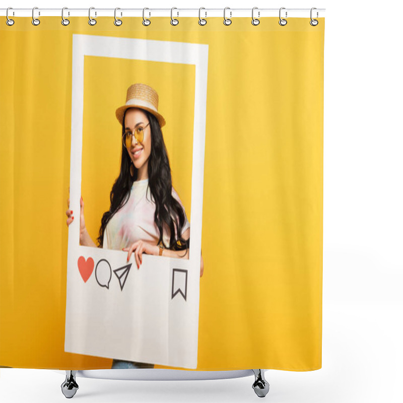 Personality  Smiling Brunette Girl In Summer Outfit Posing In Social Network Frame On Yellow Background Shower Curtains