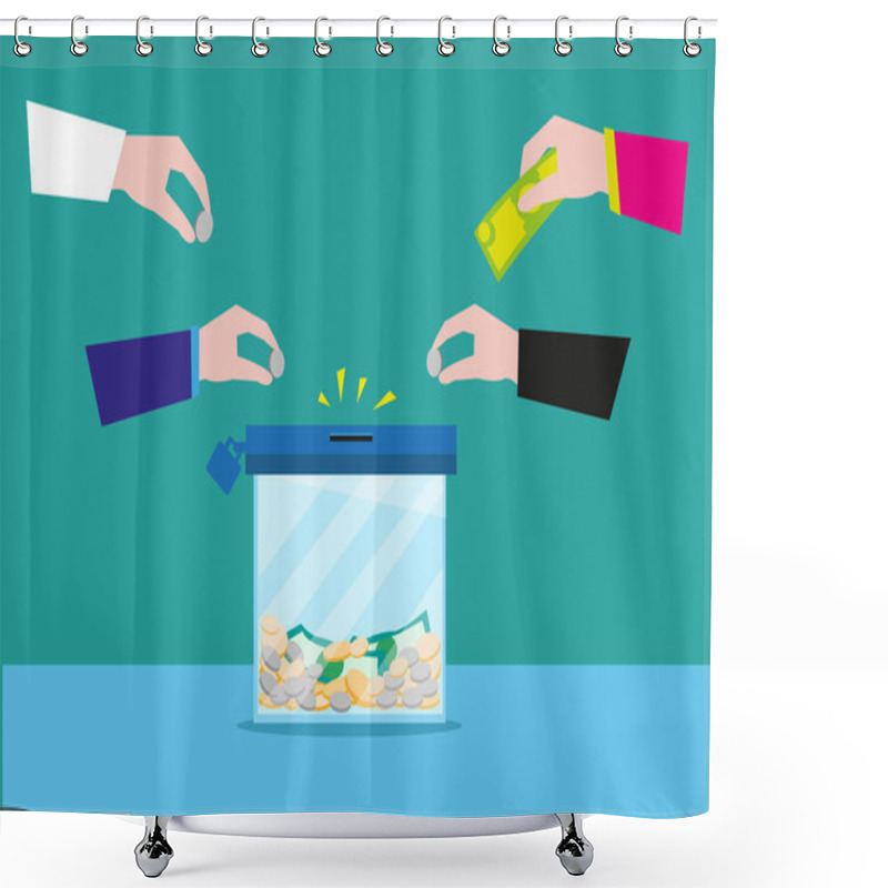 Personality  Hands Putting Money On A Glass Box Or Still Bank Container. Donation Or Bank Savings Concept. Editable Clip Art. Shower Curtains