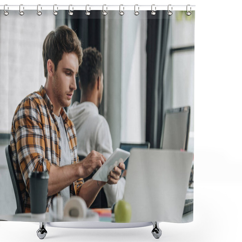 Personality  Thoughtful Programmer Using Digital Tablet While Sitting At Workplace Near African American Colleague Shower Curtains