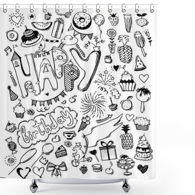 Personality  Doodle Hand Drawn Sketch, Set Of Happy Birthday Design Elements. Fruit, Cake, Balloons, Holiday Decorations. Shower Curtains