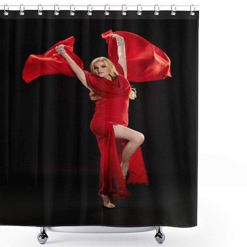 Personality  Woman In Red Dress Gracefully Dances With Flowing Red Scarf. Shower Curtains