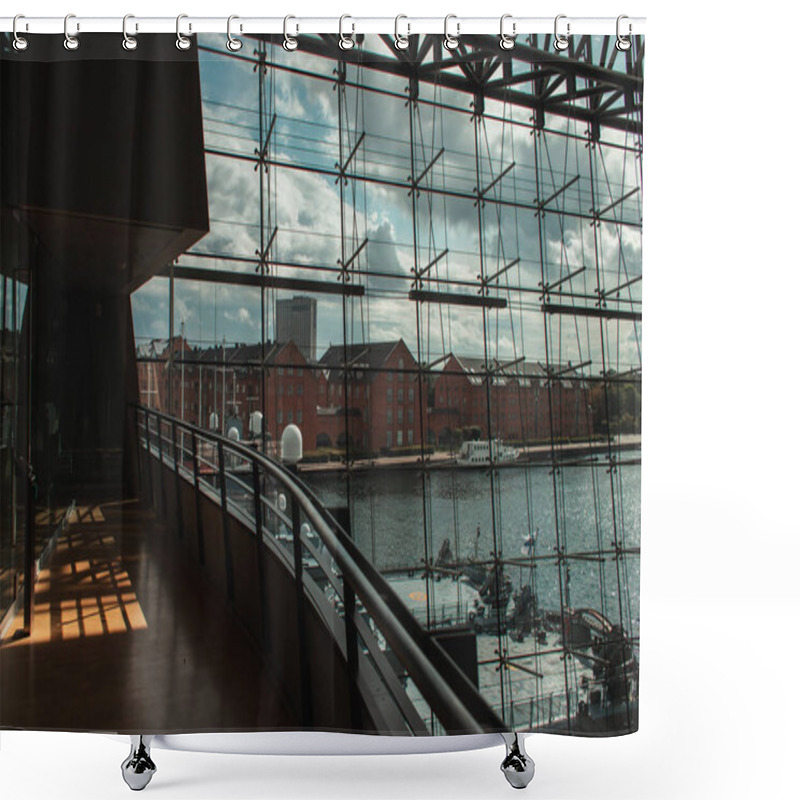 Personality  COPENHAGEN, DENMARK - APRIL 30, 2020: Glass Facade Of Black Diamond Royal Library With Ship In Harbor At Background, Copenhagen, Denmark  Shower Curtains