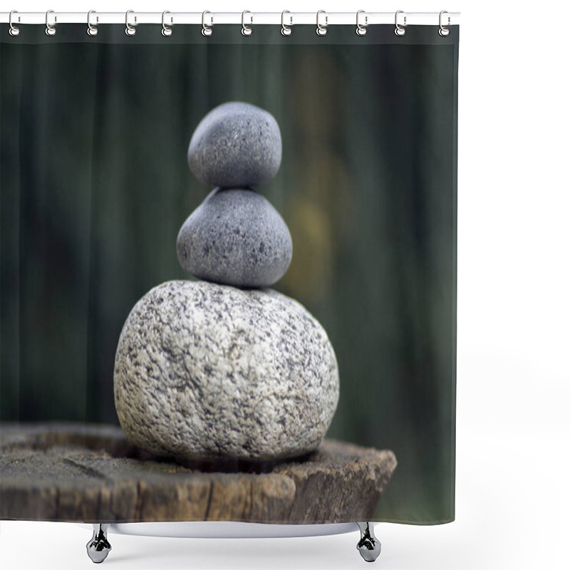 Personality  Three Zen Stones Pile On Wooden Stump, White And Grey Meditation Pebbles Tower Shower Curtains