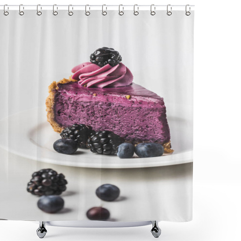 Personality  Close Up View Of Sweet Blueberrycake With Fresh Berries On Plate Isolated On White Shower Curtains