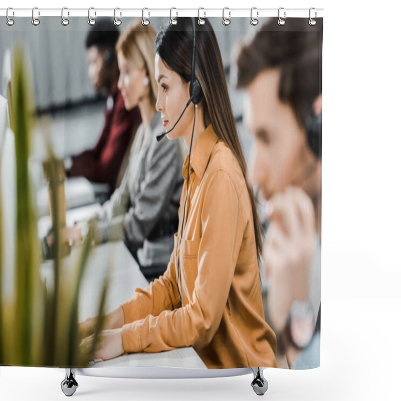 Personality  Selective Focus Of Multiethnic Call Center Operators Working In Office Shower Curtains