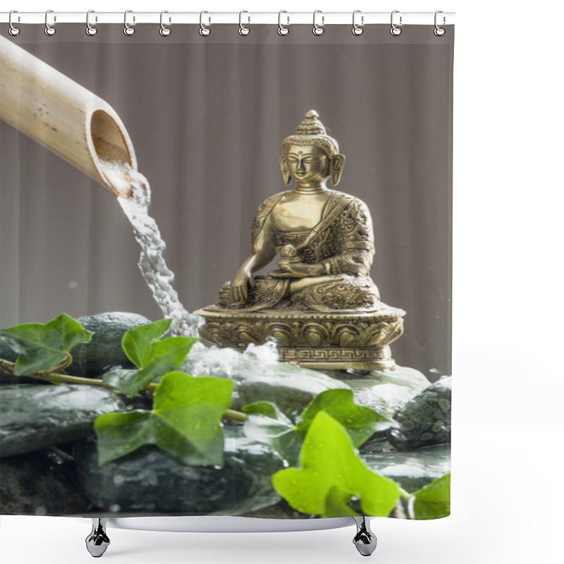 Personality  Water With Beautiful Pebbles, Green Foliage And Bamboo For Peace And Meditation Shower Curtains