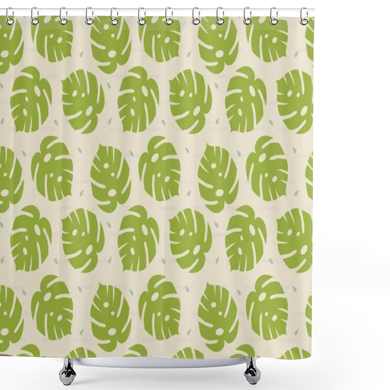 Personality  Vibrant Green Monstera Leaves Pattern On Light Beige Background. Shower Curtains